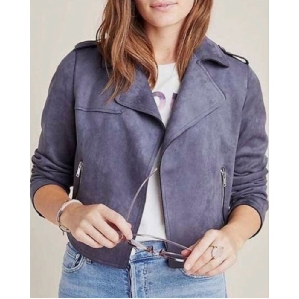 Anthropologie Expressway Faux Suede Moto Jacket Coat Blue Gray Open Size S